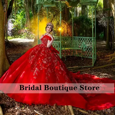 Red Quinceanera Dress Glitter Crystal 3D Flower Decal Long tail off-shoulder Layering  Bow Vestidos De 15 Quinceanera ﻿Customize