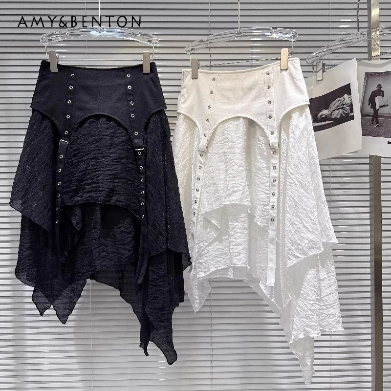 

Punk Design Sweet Cool Hot Girl Studded Belt Female A-line Skirt Vintage Design Versatile Solid Color Irregular Skirts Women