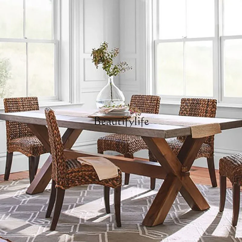 American retro all-solid wood dining table household old small apartment dining table log strip