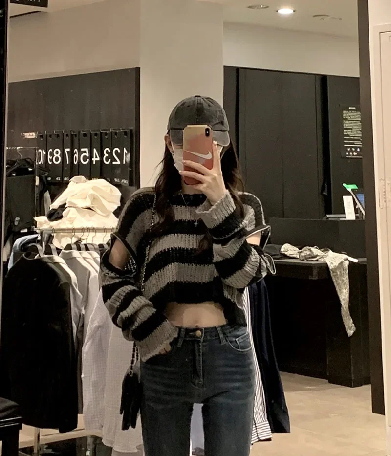 Short Length Hole High Waist Knitted Tops Contrast Color Striped Women Hollow Out Sweaters Y2k Retro Long Sleeve Loose Pullovers