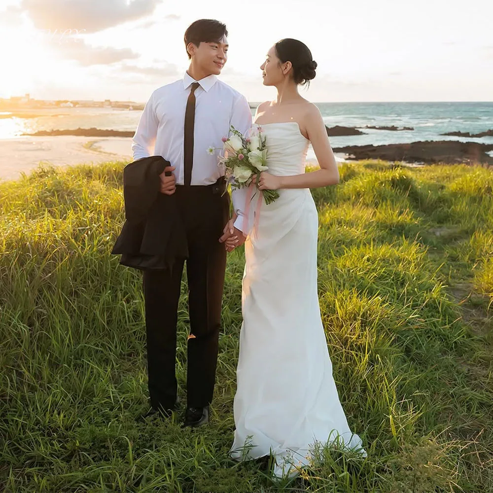 TULX elegante vestido de novia de gasa de color marfil sesión de fotos de Corea vestidos de novia largos de sirena sin tirantes corsé personalizado kurs 2026