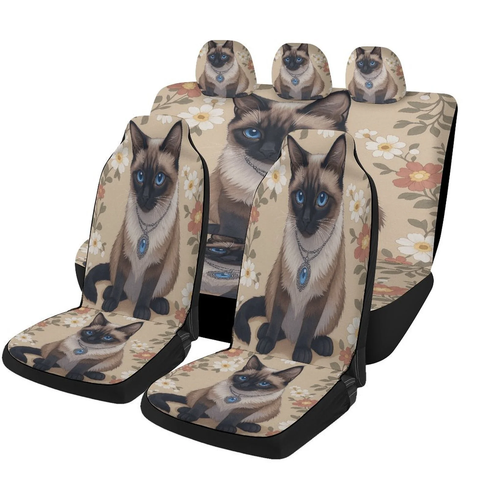 Juego de fundas para asientos de coche con diseño de gato siamés, aptas para varios vehículos. Elegante y duradero, este conjunto completo incluye