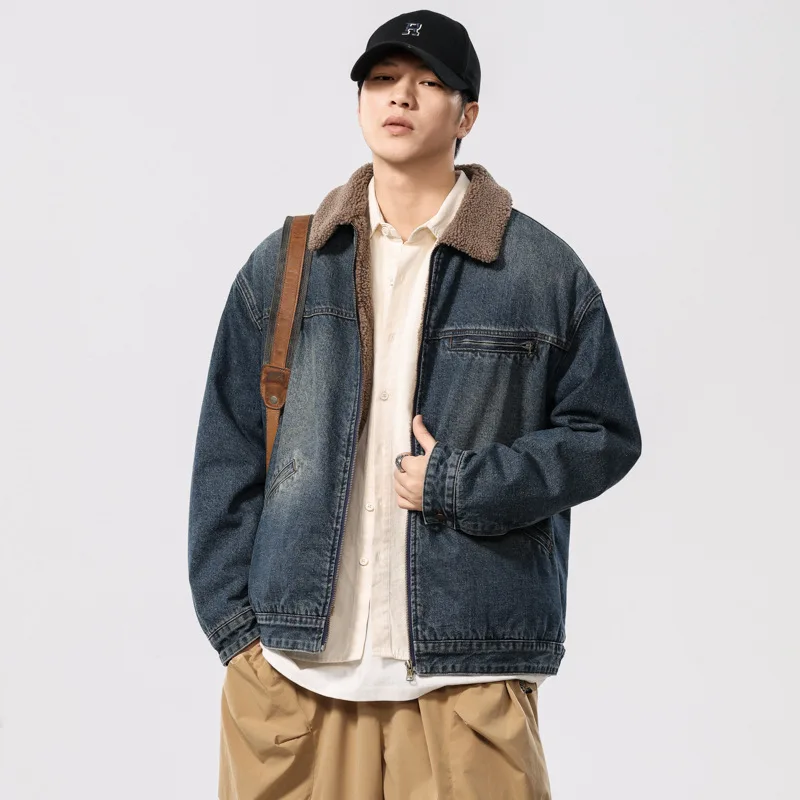 

Vintage Washed Blue Lapels Fleece Denim Jackets Streetwear Men's Winter Plus Size Thickening Warm Tops 2025 Autumn Denim Coats