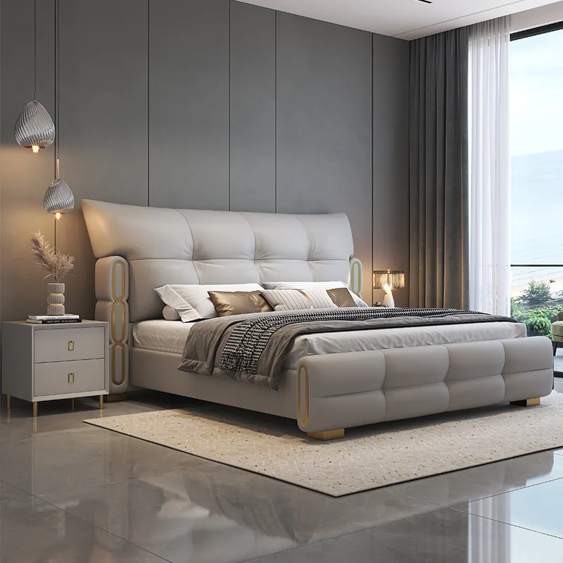 Modern household leather bed light luxury atmosphere double bed Italian storage wedding bed foreskin