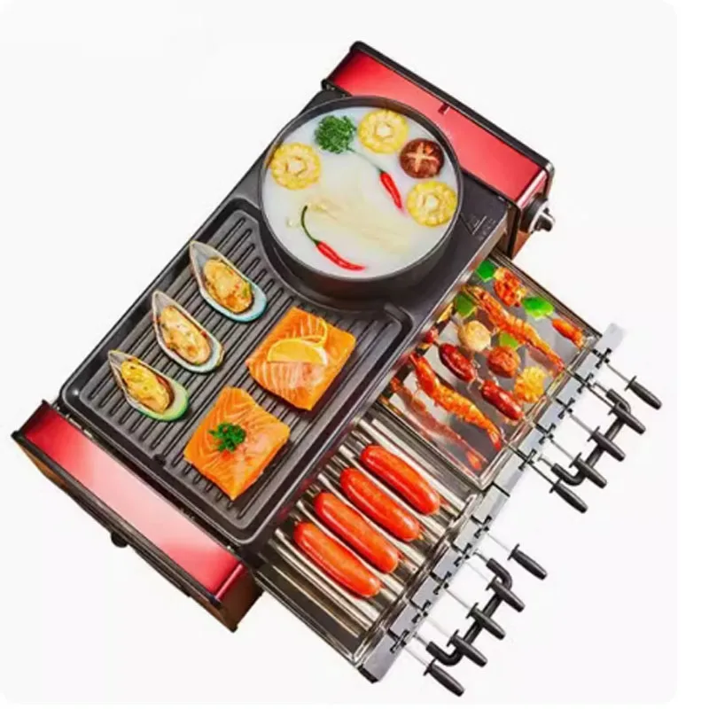 เตาบาร์บีคิวไฟฟ้าไร้ควันเครื่องบาร์บีคิวหมุนอัตโนมัติหม้อร้อนบาร์บีคิวเครื่อง All-in-one