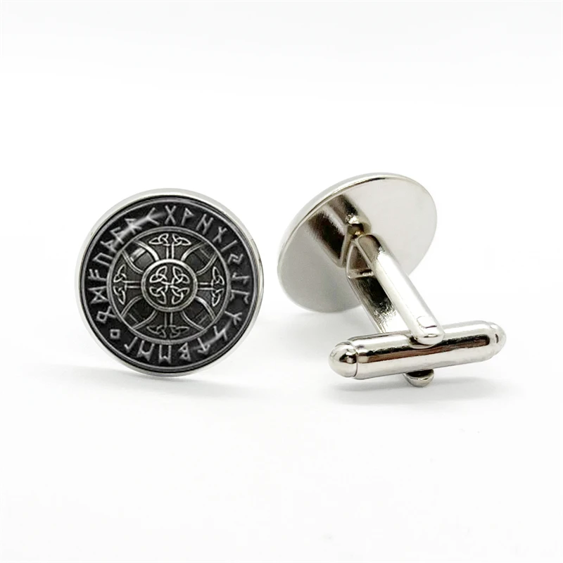 New Norse Viking Compass Cufflinks Mens High Quality Vegvisir Vintage Rune Glass Cabochon Cuff Links Buttons Gift