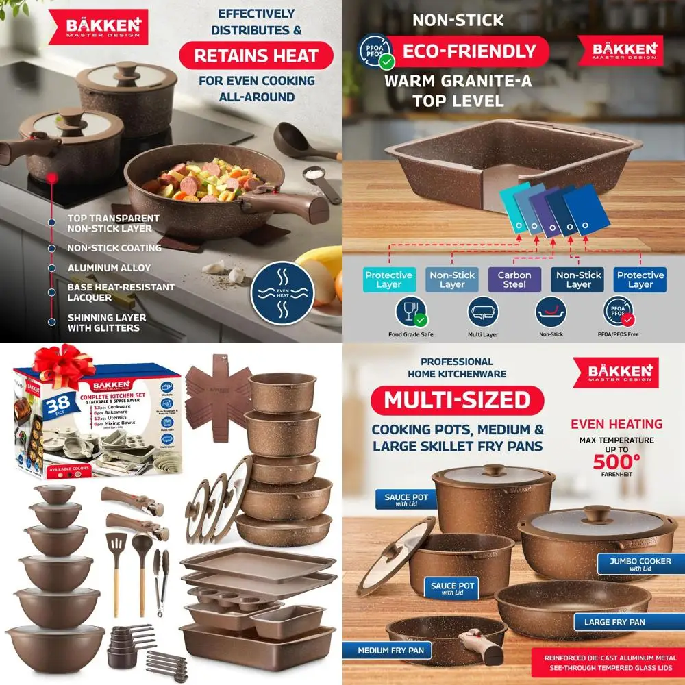 

38-Piece Granite Nonstick Cookware Set with Detachable Handles, Tempered Glass Lids, 6-Piece Bakeware, 12-Piece Mixing Bowls, Br