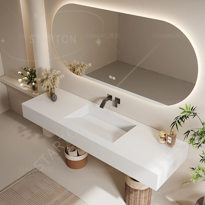Custom-Designed Slanted Basin Bathroom Furniture Vanity Set with Integrated Stone Slab Single/Dual Basin Sink Modern Vanity Set