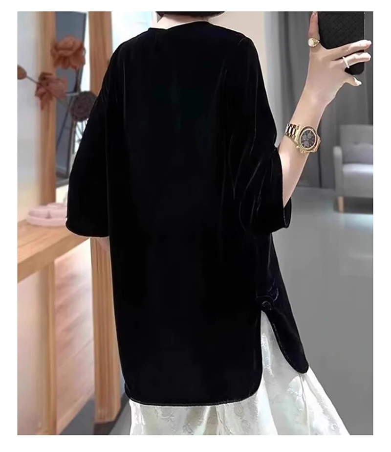 100% Silk Velvet Women's T-shirt, Black Three-quarter Sleeve Round-neck Pullovers, Comfortable Soft Light Cool, Light Luxury