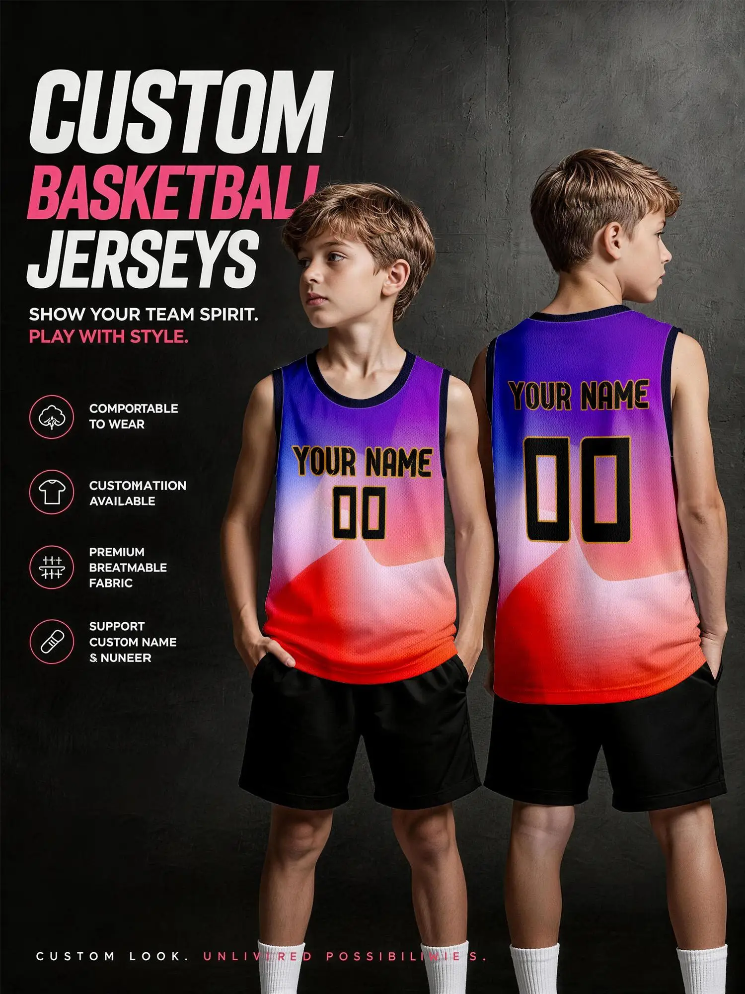 Custom Purple‑Orange Gradient Mountain Basketball Jersey, Adult & Kids Team Uniform, Print Name Number