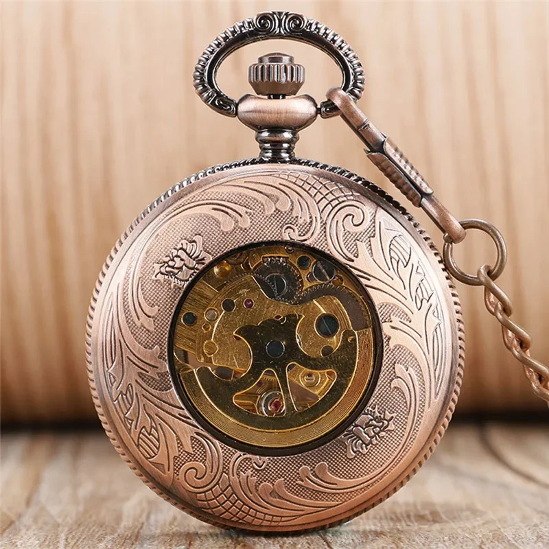 Red Copper Hollow Out Pumpkin Mens Womens Auto Mechanical Pocket Watches Roman Number Dial Pendant Chain Skeleton Clock Gift