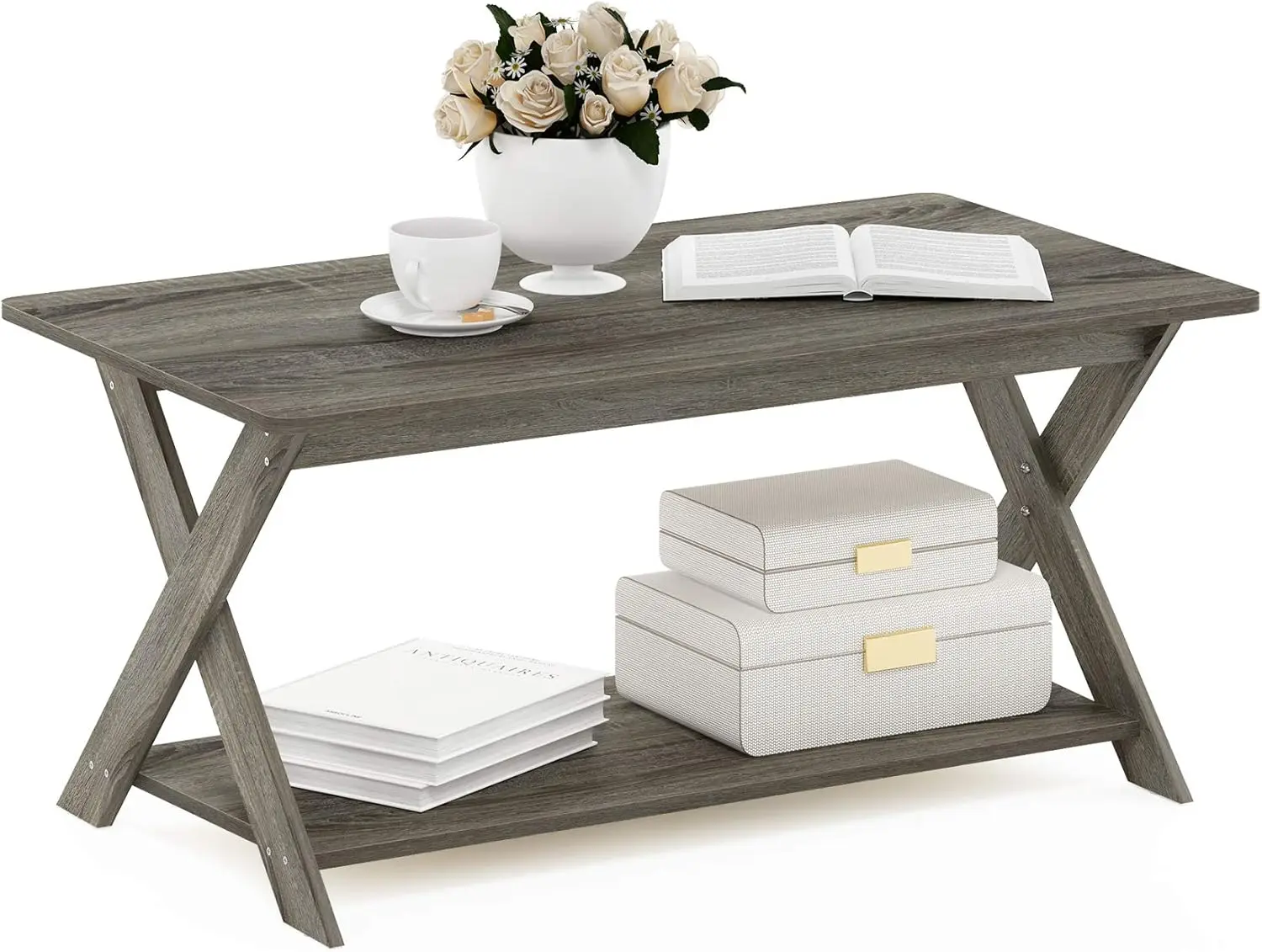

Modern Simplistic Criss-Crossed Coffee Table, 35.4x19.6x16 Inches, French Oak Grey, Stylish Storage