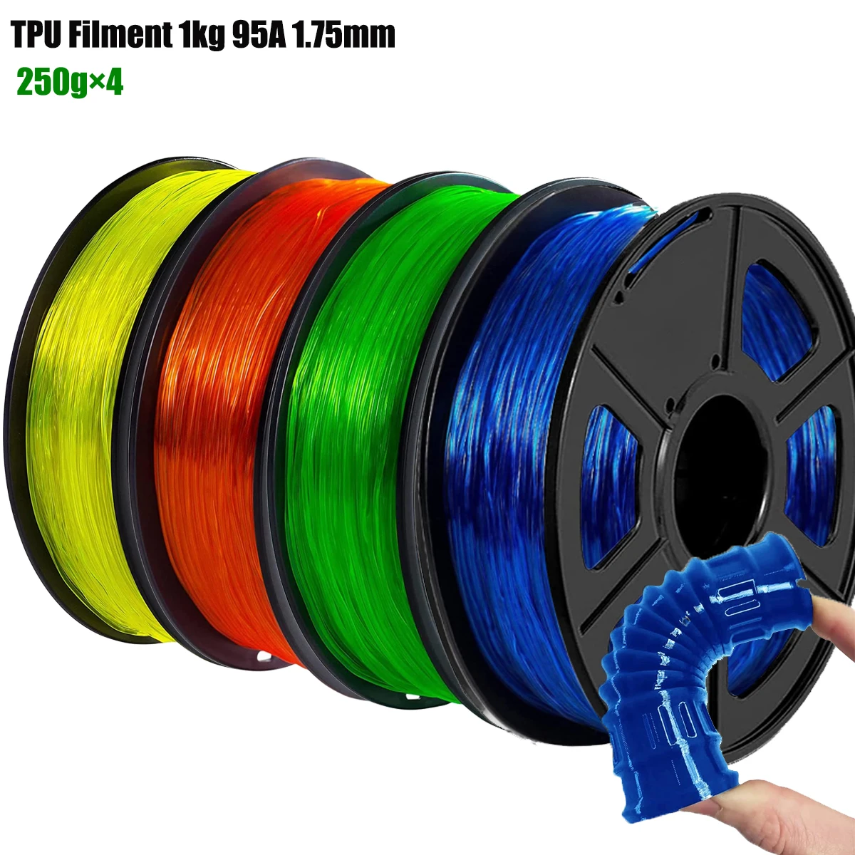 

Нить ТПУ 1,75 мм, гибкая мягкая расходные материалы для 3D-принтера, прозрачный синий/зеленый/оранжевый/желтый, 95 А, 250 г/500 г/1000 г, катушка