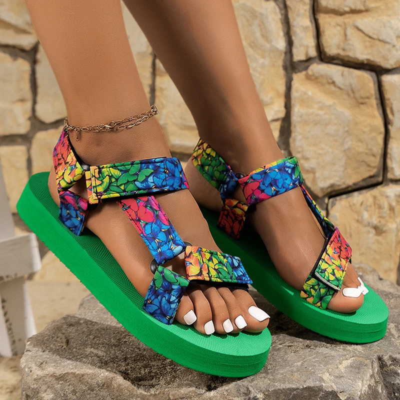 Green Butterfly Print Flat Sandals for Women Casual Non Slip Summer Shoes Woman 2024 Lightweight Outdoor Beach Sandalias Mujer