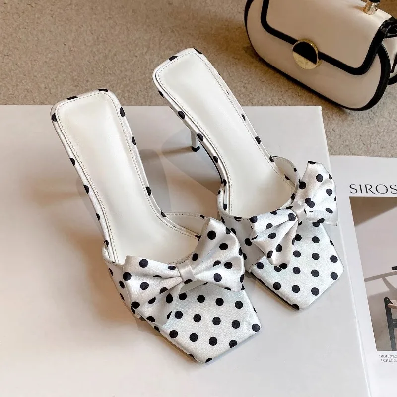 Fashionable Polka Dot Butterfly Knot Sandals High Heels Women's Shoes Summer Ladies Slippers Stripper Party Thin Heels Sandalias
