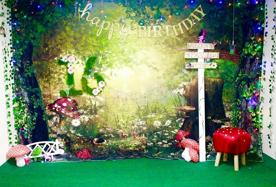 Fairy Tale Forest Backdrop Wonderland Dreamy Mushroom Flower Castle Baby Birthday Photography Background Decor Photo Studio Prop