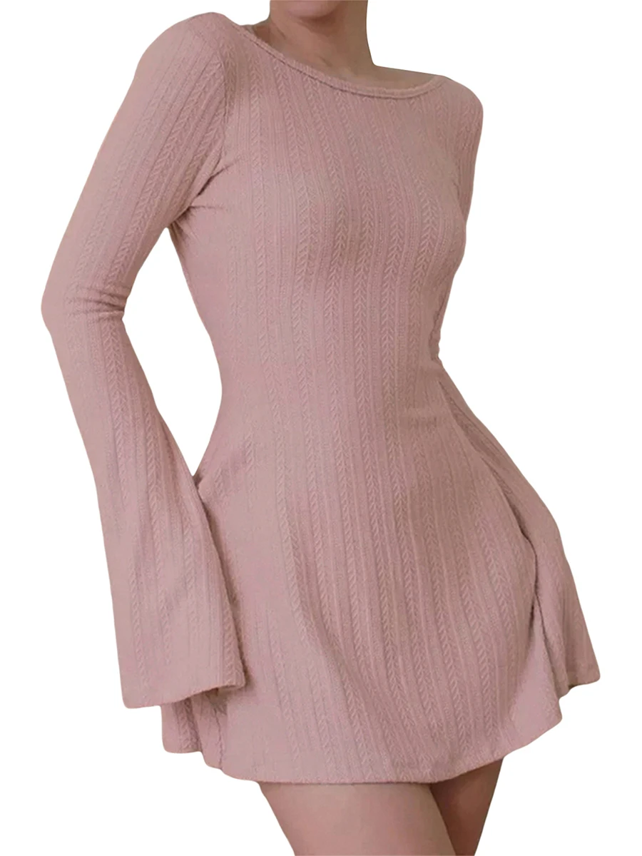 Women Spring Autumn Mini Dress Long Sleeve Crew Neck Backless Solid Color A-line Dress for Party Club