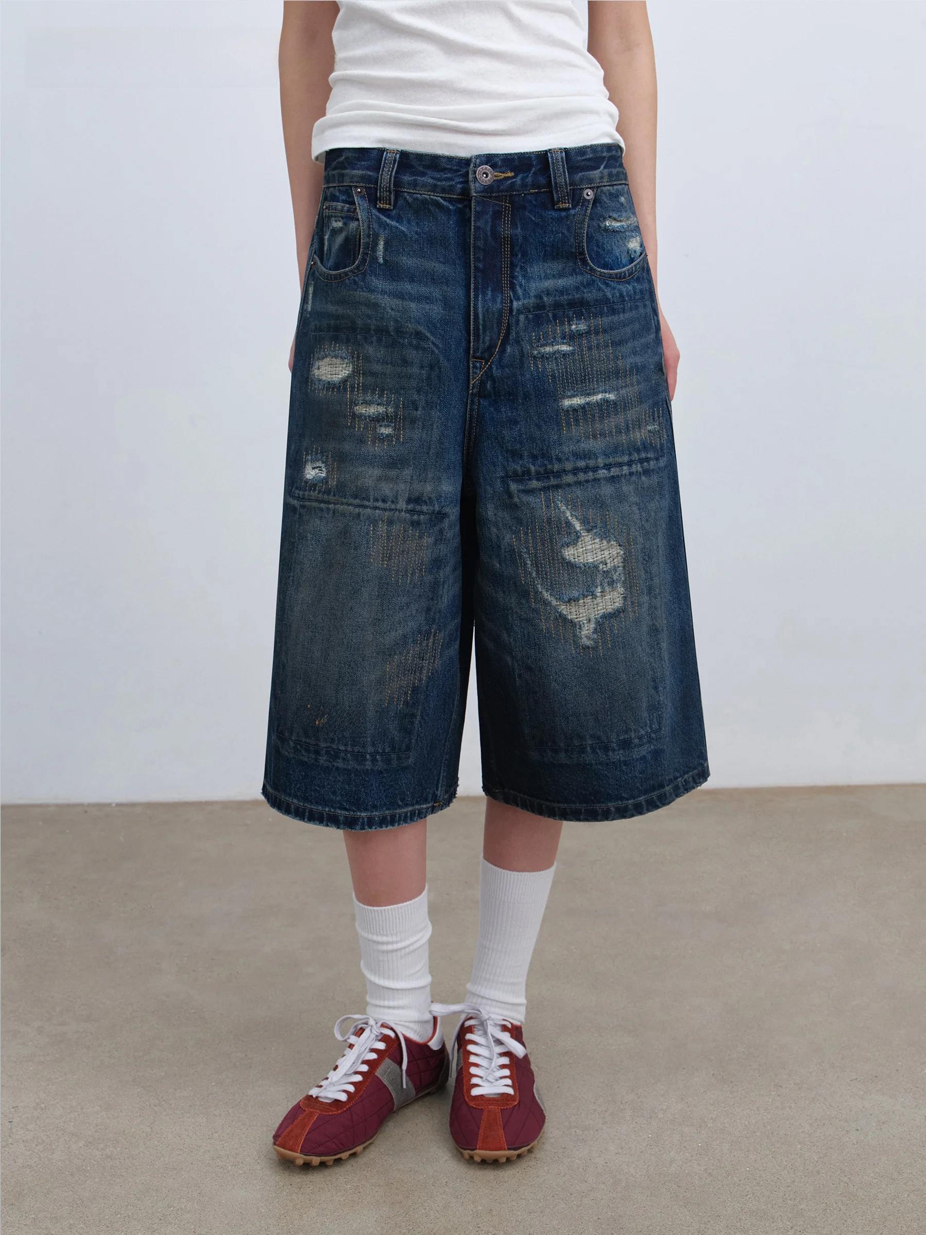 

Джинсовые шорты VERMO Memory Carrier с регулируемой талией, винтажные, с эффектом потертости, рваные, с нашивками, из денима 7/5, с естественной линией талии, хлопковые