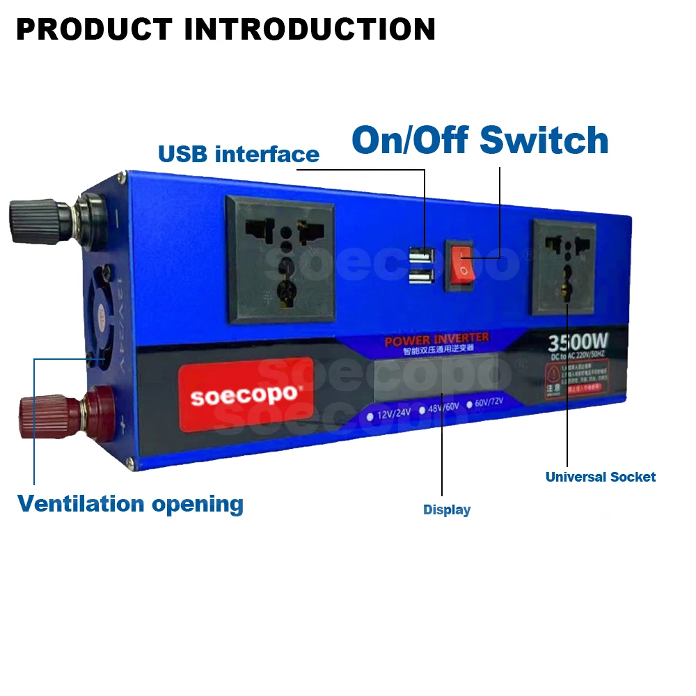 Smart Dual Voltage Inverter 3500W 12V/24V/48V/60V/72V to 220V/110V with Dual USB Ports and LCD Screen