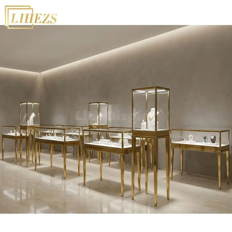 custom.High-end LED Lit Jewelry Showcase Cases Standing Countertop Jewellery Display Cabinets