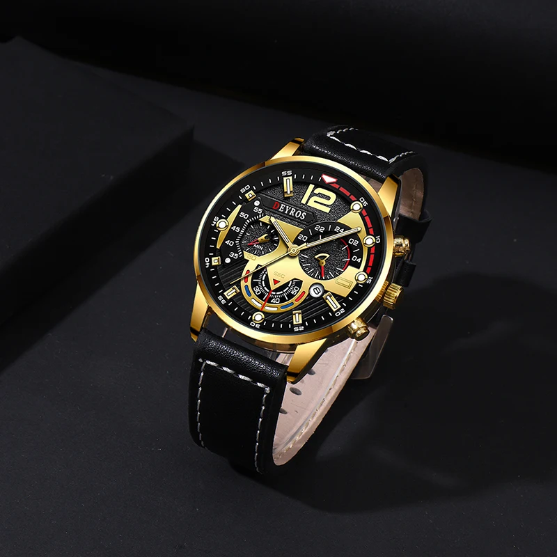 Mens Black Leather Quartz Watches Luxury Fashion Male Sport Wristwatch for Men Necklace Bracelet Relogio Masculino