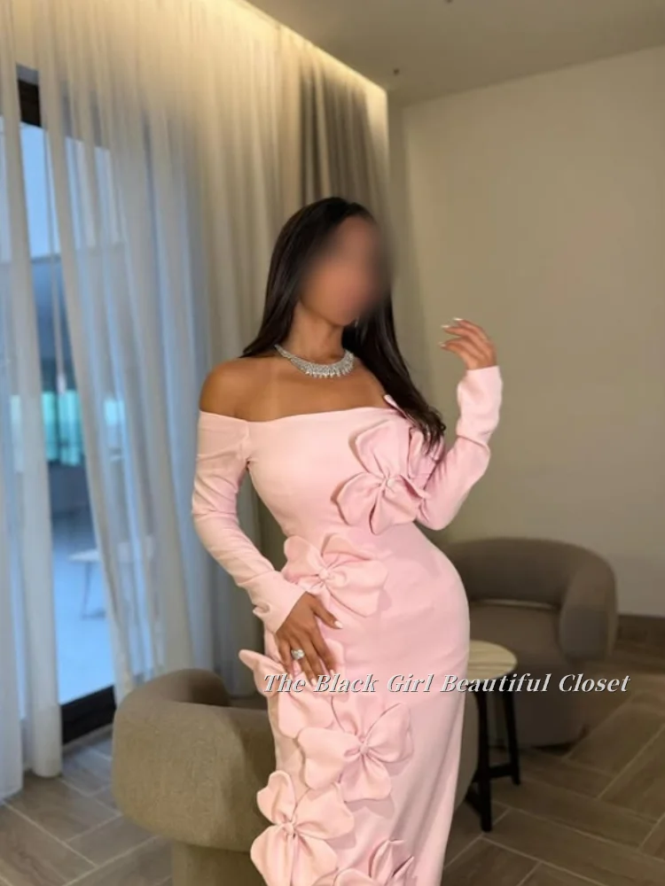 Customized Light Pink Appliqued Prom Dress Snap Shoulder Long Sleeve Bodycon Appliqued Large Flower Embellished Ankle Arab