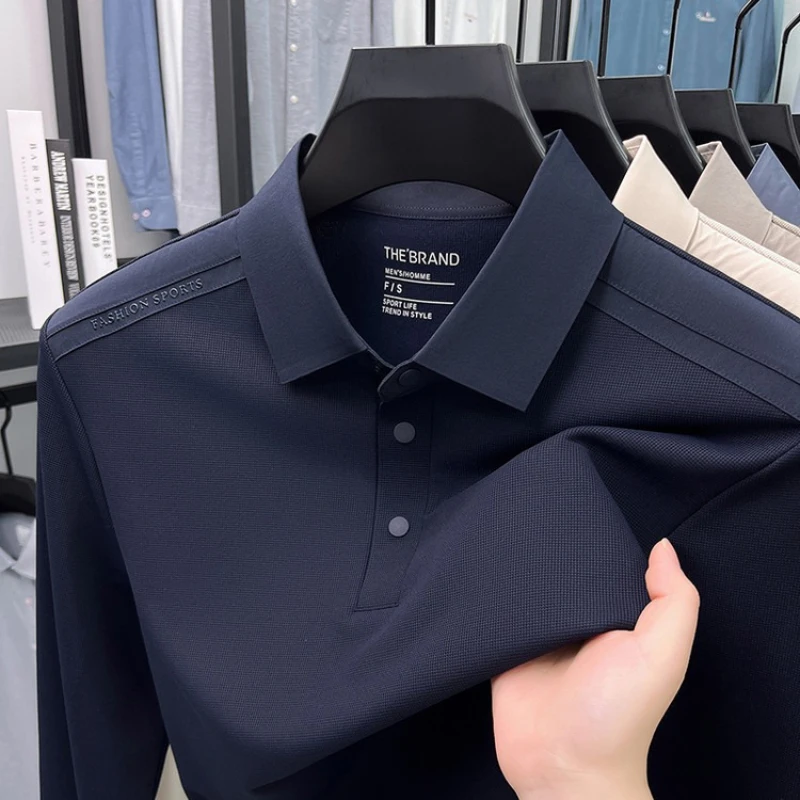 

High-quality Solid Color Men's Business Casual Polo Shirt,autumn Long-sleeved T-shirt, Elegant Men's Stretch Comfortable Polo.
