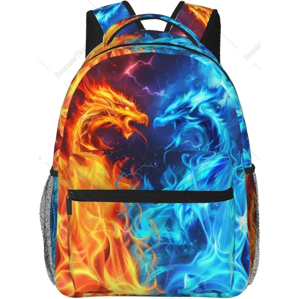 Sac à dos Dragons pour garçons et filles, sacs à livres de feu rouge et bleu, légers et réglables, pour lycée élémentaire