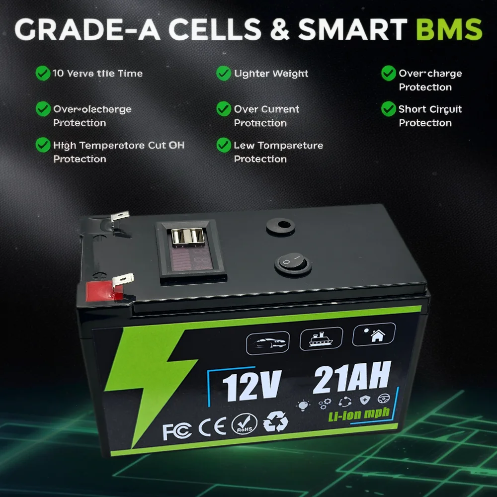 12V 9AH Lithium LiFePO4 Deep Cycle Battery for Solar,Fish Finder, Power Wheels, Lighting, Off-Grid Applications 8S 30A Smart BMS