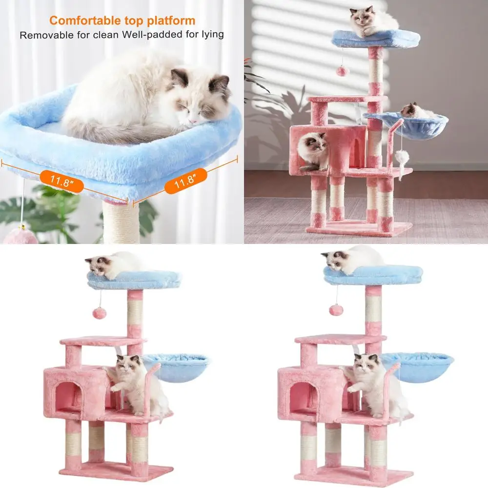 

Кошачья лежанка-башня для дома с мягким подголовником, гамаком и сизалевыми столбиками для царапания, сине-розовая