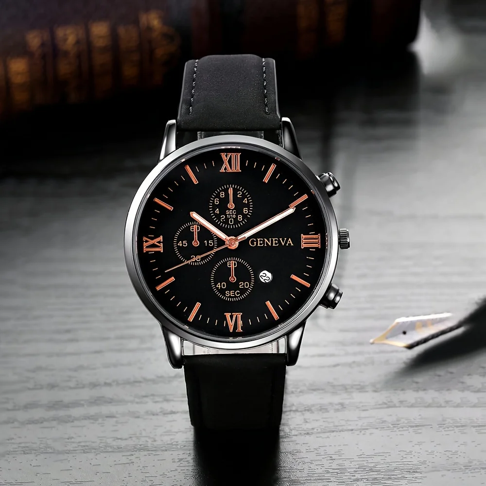 1pc Men\'s Black PU Strap Calendar Casual Quartz Watch