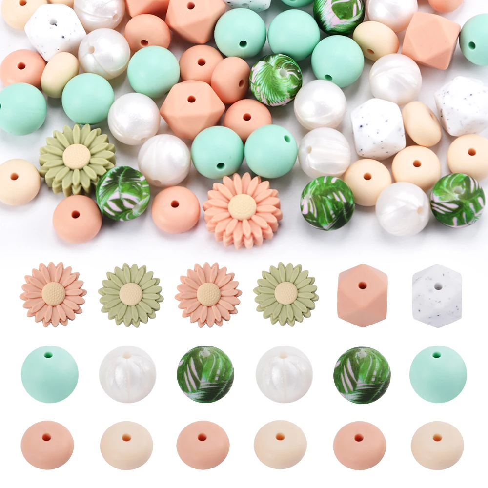 LOFCA  57pcs 22 mm Daisy round Loose silicone beads Silicone necklace DIY necklace Silicone beads BPA free Jewelry accessories