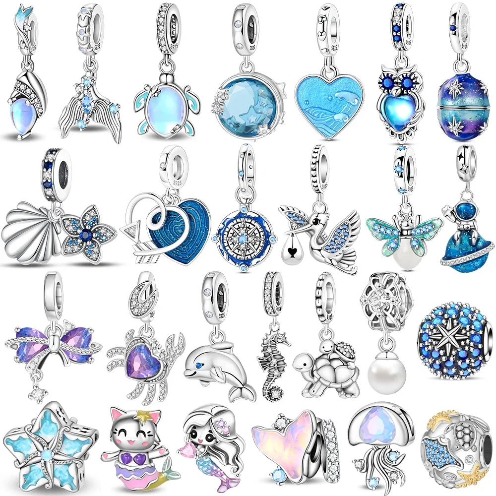 

Pink Shell Pearl Blue Zircon Petals Beads Original 925 Sterling Silver Certified Fit Women Woman Gift Phone Charms Diy Accessory
