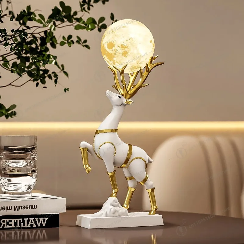 45cm Moon Lamp Deer Sculpture Tabletop Ornament Bedroom TV Cabinet House Housewarming Gift Souvenir Resin Home Decoration Crafts