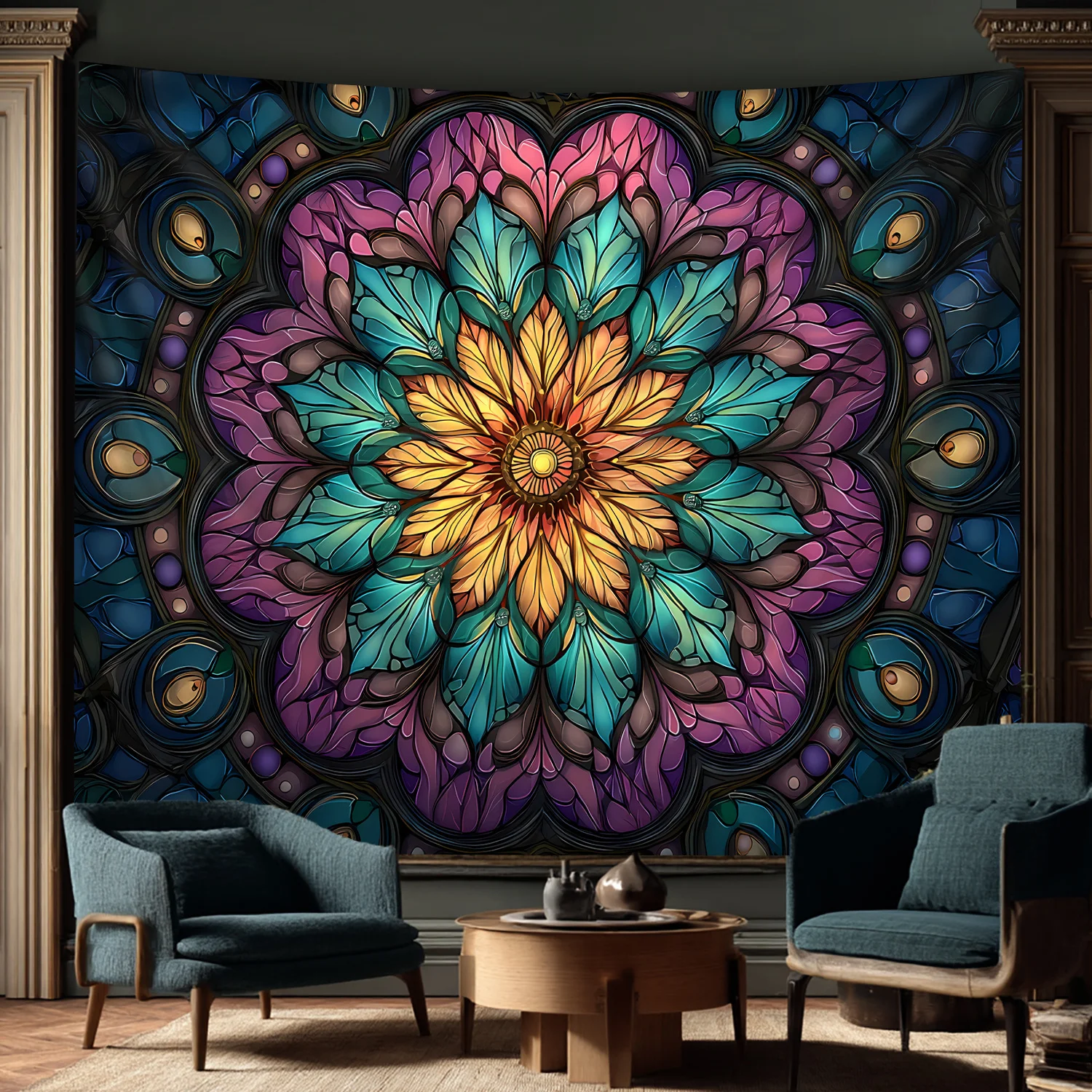 Boho Mandala Tapestry Wall Hanging Art Psychedelic Floral Ethnic Vibrant Decoration Bohemian Living Room Decor Home Accent Piece