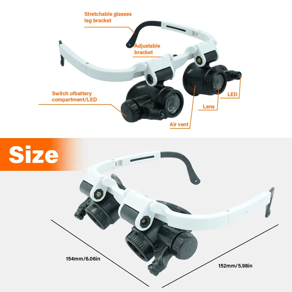 Hot Sell Wearing Magnifier Glasses Magnifying 8X 15X 23X 2LED Professional Magnifier Glasses for Reading Jewelers Repair