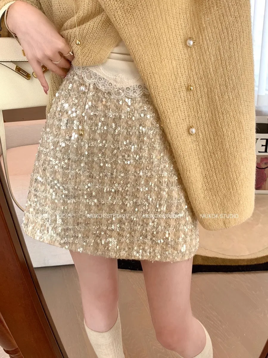 Women's Elegant Sequined Tweed Mini Skirt Lady Summer Slim High Waist Glitter Short Skirt