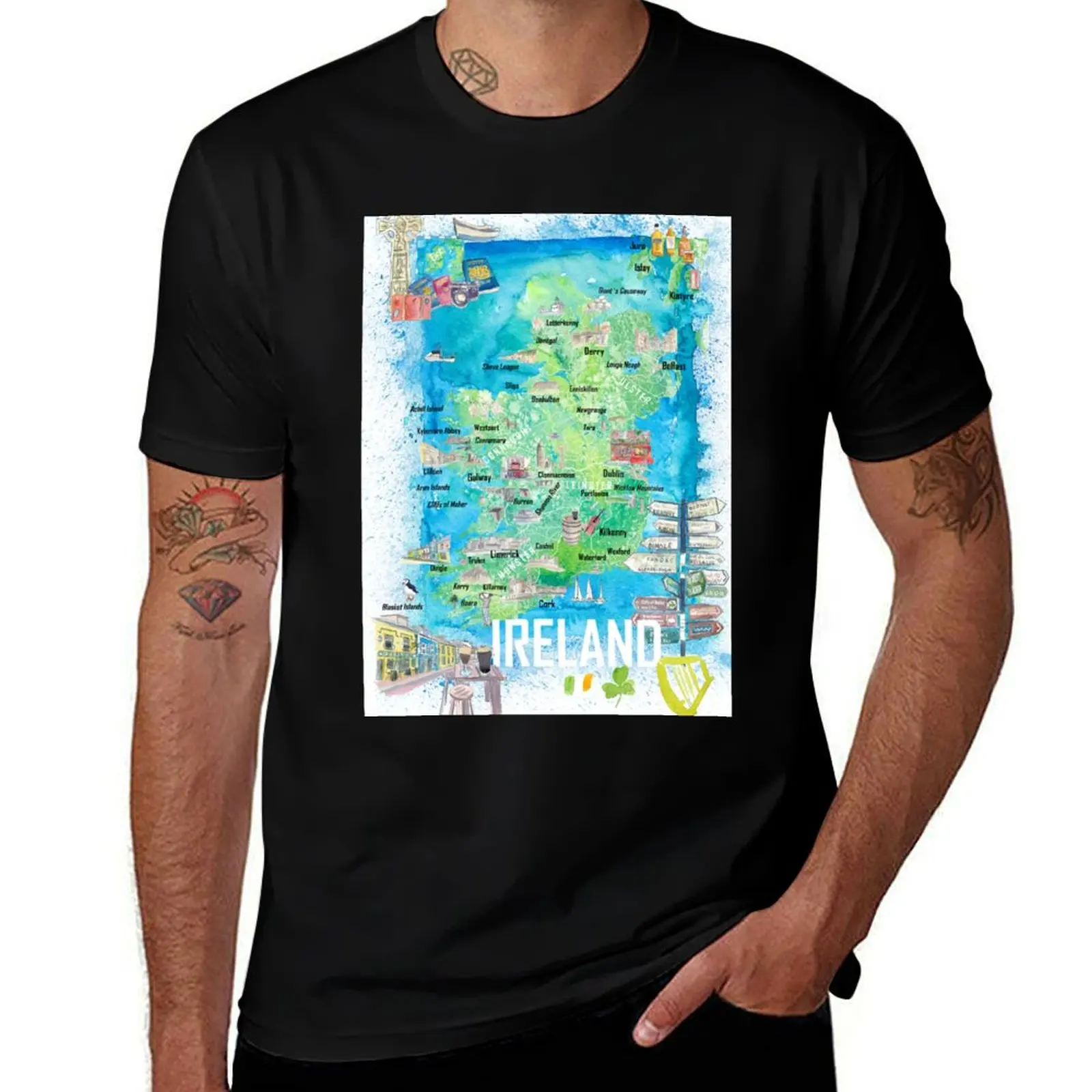 Ireland Illustrated Travel Map with Tourist Highlights - Signpost Edition T-Shirt Man t-shirt summer clothes men clothing