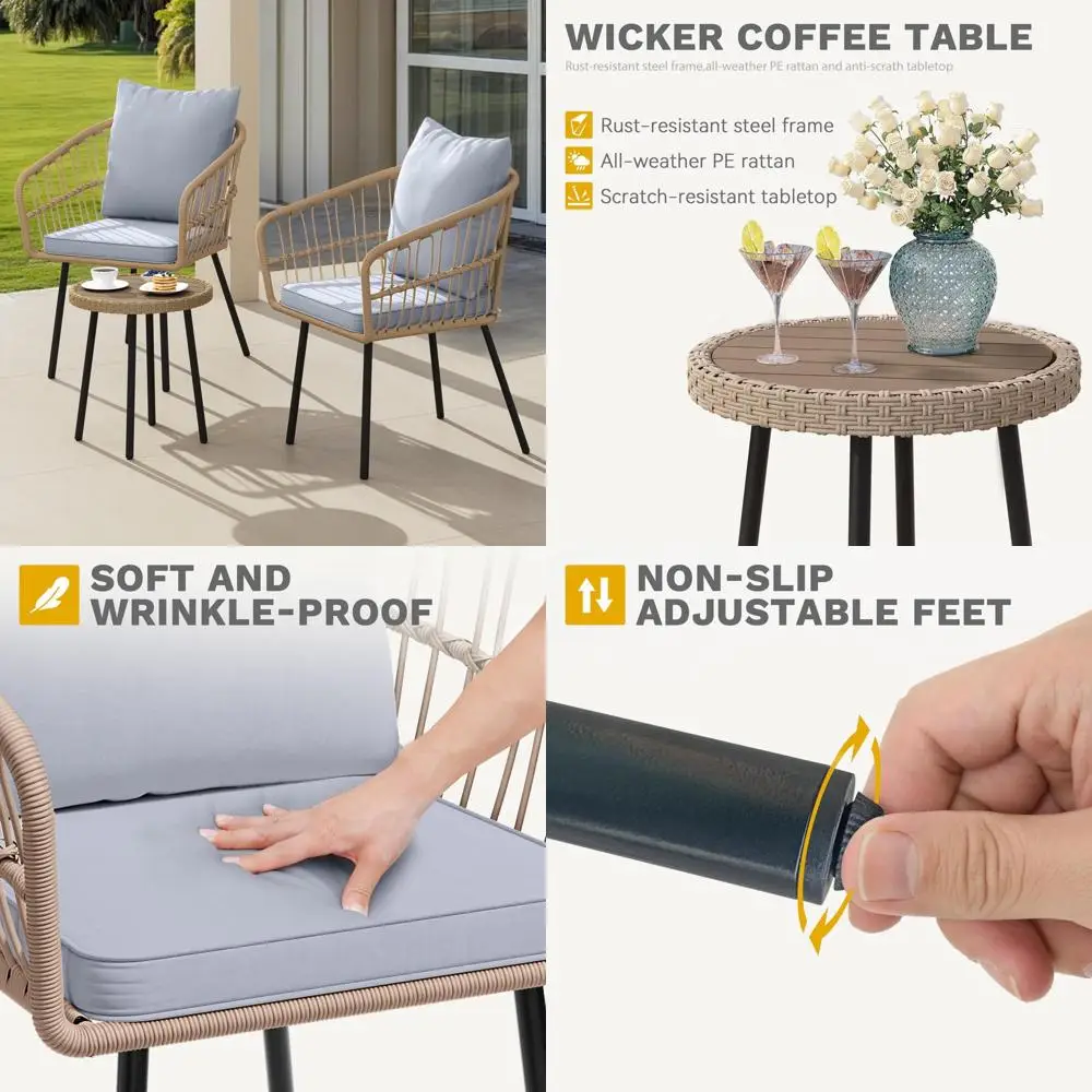 

Набор из 3 предметов для уличного плетеного бистро со стульями из ротанга и журнальным столиком для беседы на патио