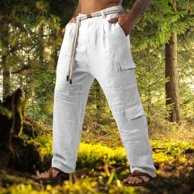 

Stylish Mens Loose Linen Trousers Spring Fall Casual Solid Color Multi Pockets Cargo Pants For Men Daily Leisure Straight Pants