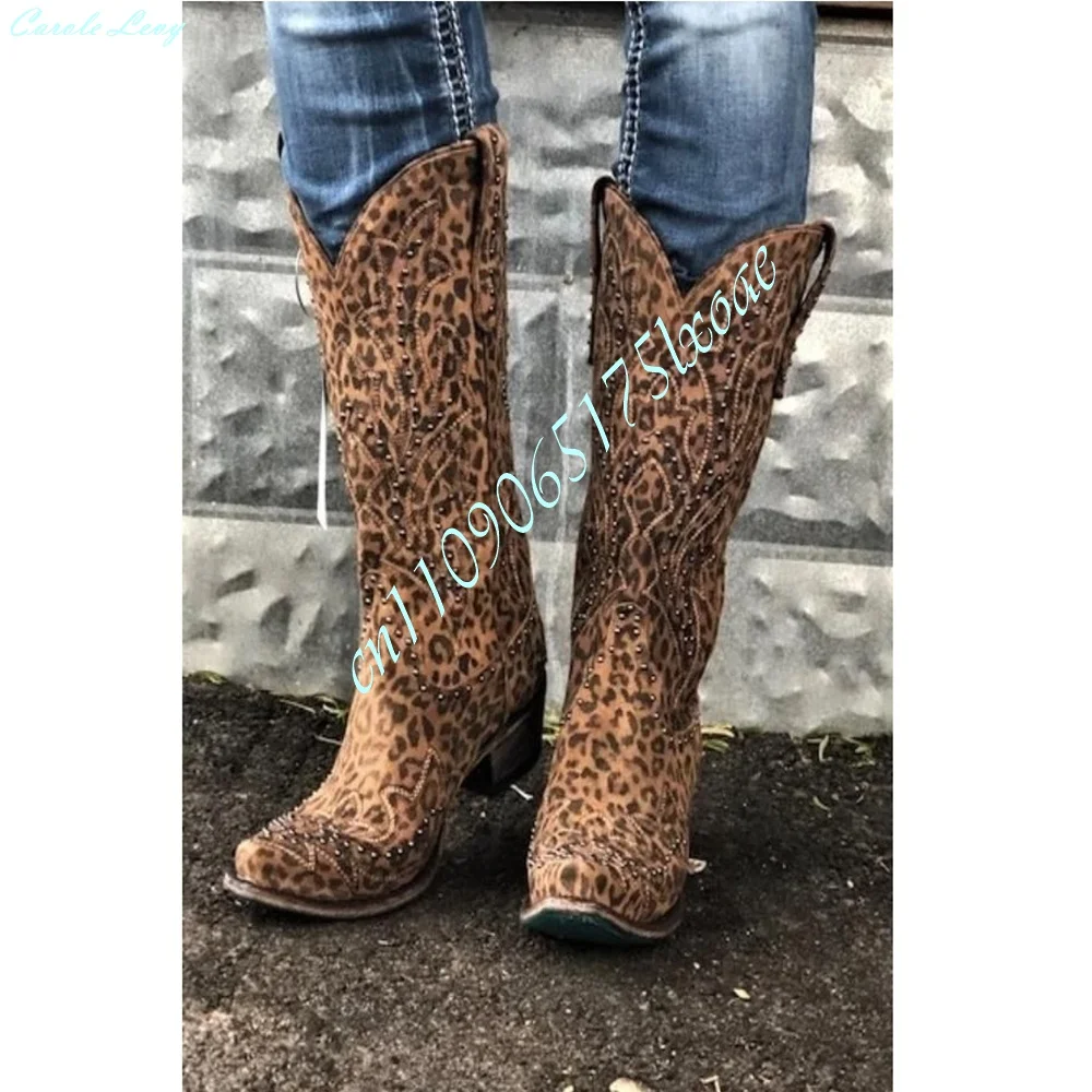 Ladies Leopard Print Western Mid‑Calf Boots Pointed Toe Studs Tassel Fringe Block Chunky High Heel Vintage Retro Style Boots