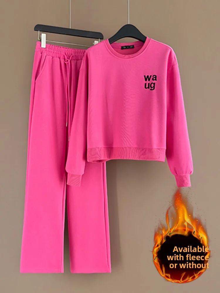 

Антивозрастной розовый повседневный спортивный костюм для женщин: новая зимняя утепленная флисовая толстовка и широкие брюки, комплект из двух предметов, удобный и свободный крой.