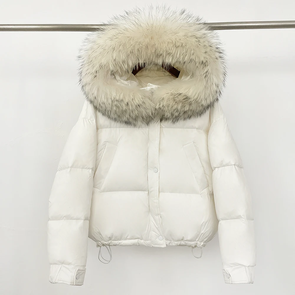 OFTBUY Piumino d'anatra bianco Cappotto da donna in vera pelliccia Cappotto invernale imbottito con cappuccio Nuova pelliccia di procione Autunno Parka femminile Pelliccia di volpe calda