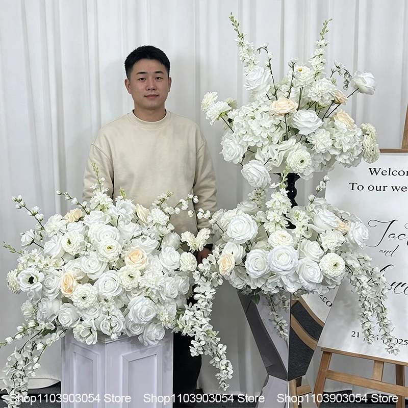 Weißes Kunstblumen-Arrangement für Hochzeitseingang, Simulierte Rosen-Dekoration für Party-Zeremonie, Bühnen-Hintergrund-Dekoration – Detail 2