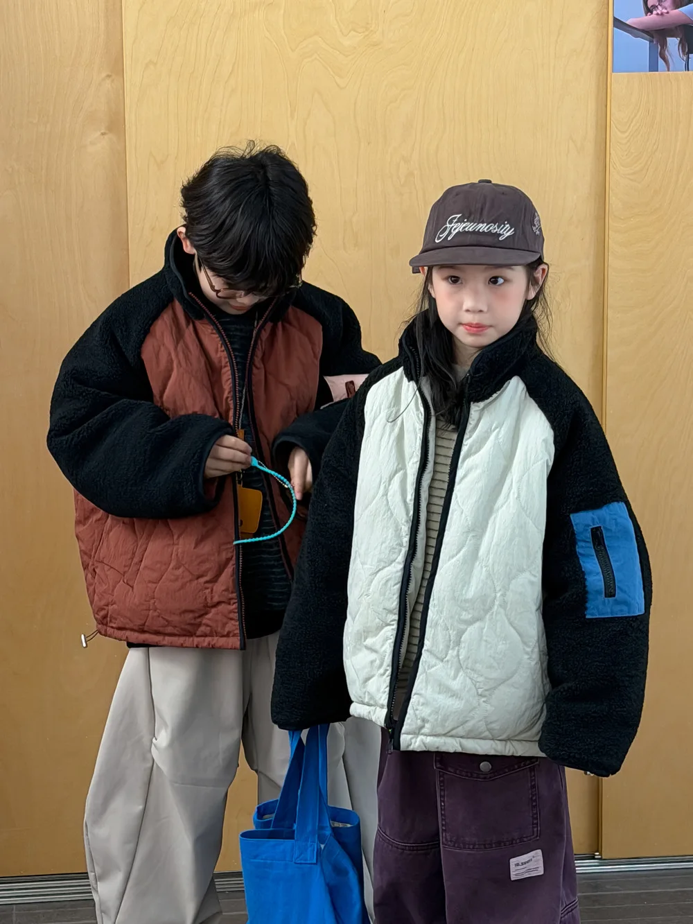 Winter  Korean Children Parkas Argyle Spliced Long Sleeve Infant Babys Girls Outerwears Coat Loose Warm Zipper Kids Boy Jackets