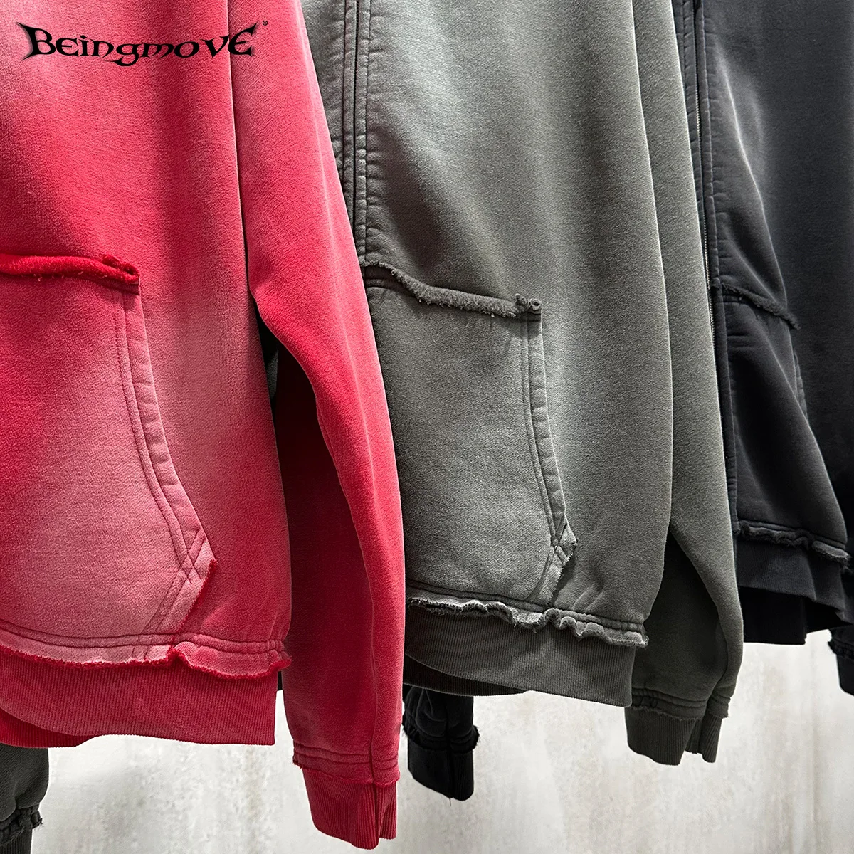 Street Style|Autumn Winter European American Washed Vintage Spray Hem Zipper Hoodie Fleece Lined