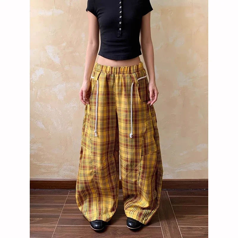 المرأة خمر الأزرق منقوشة السراويل الفضفاضة 2025 الخريف عادية Harajuku الجمالية 2000s Y2k عالية الخصر واسعة الساق السراويل كبيرة الحجم