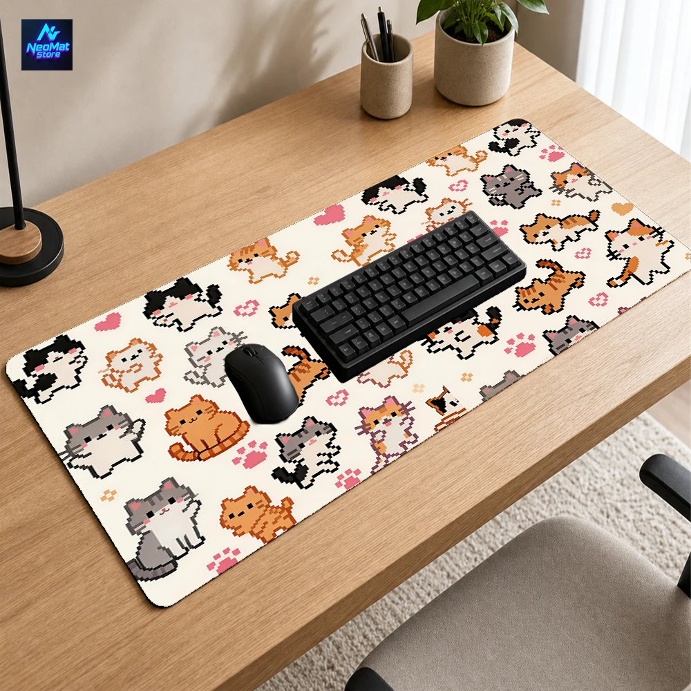 Pixel Kawaii Mouse Mat Gaming Laptop Gamer Big Cat 900x400 Pattern Cute Desk Soft Accessories Mousepad Extended Mousemat