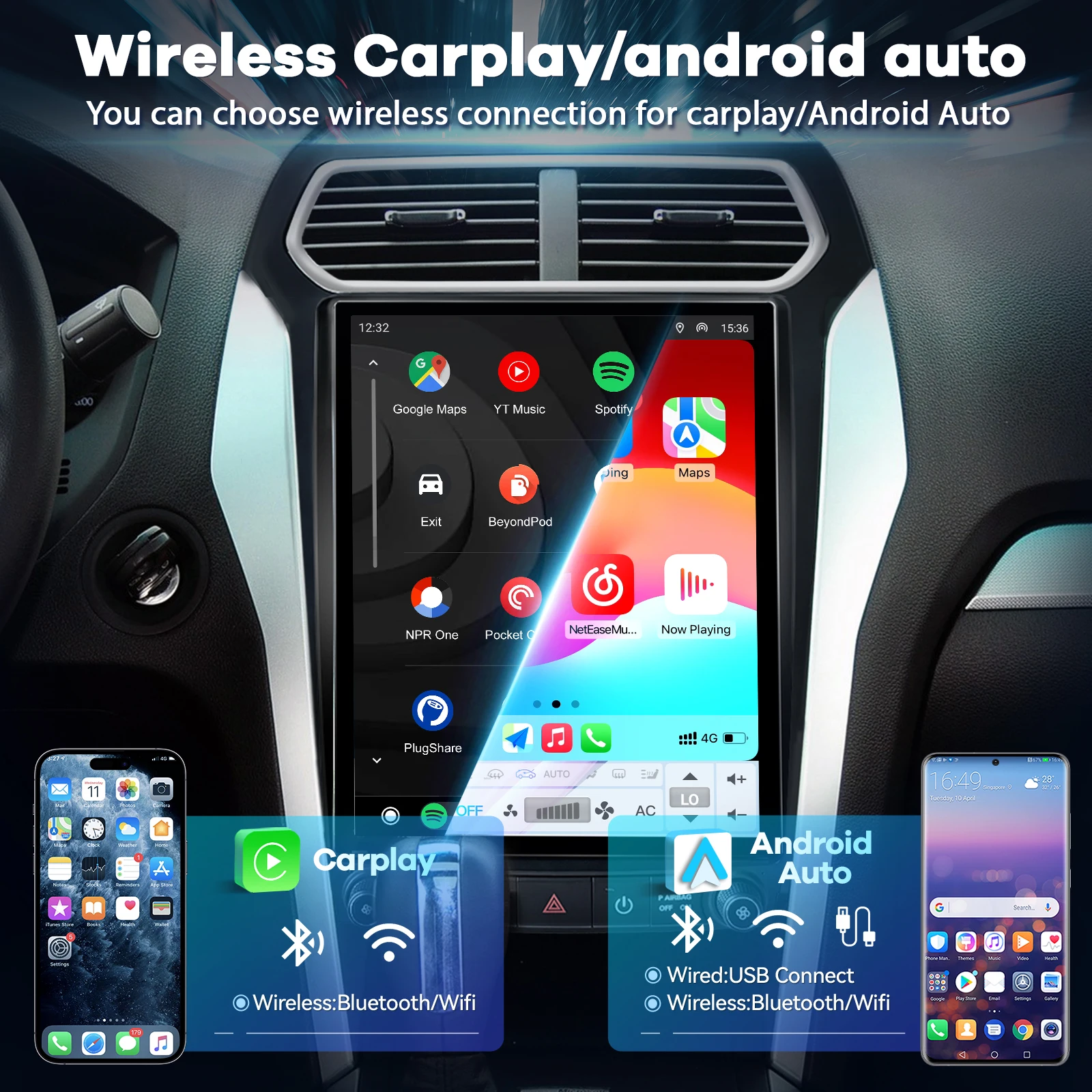 12.1Inch Tesla Style Radio DVD Player Screen Snapdragon 665 for Ford Explorer 2011-2019 Wireless CarPlay QLED 4+64GB