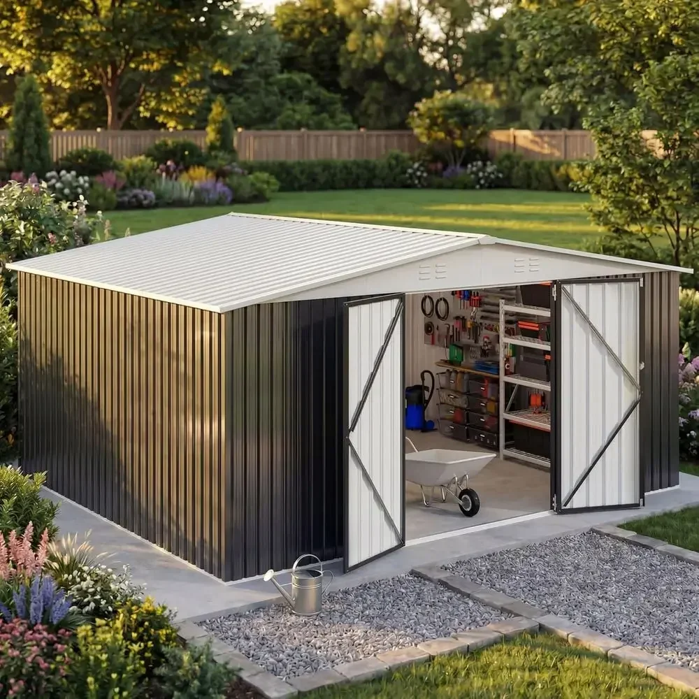 12x14 White Outdoor Storage Shed with A-Frame Roof and Lockable Door for Garden and Patio
